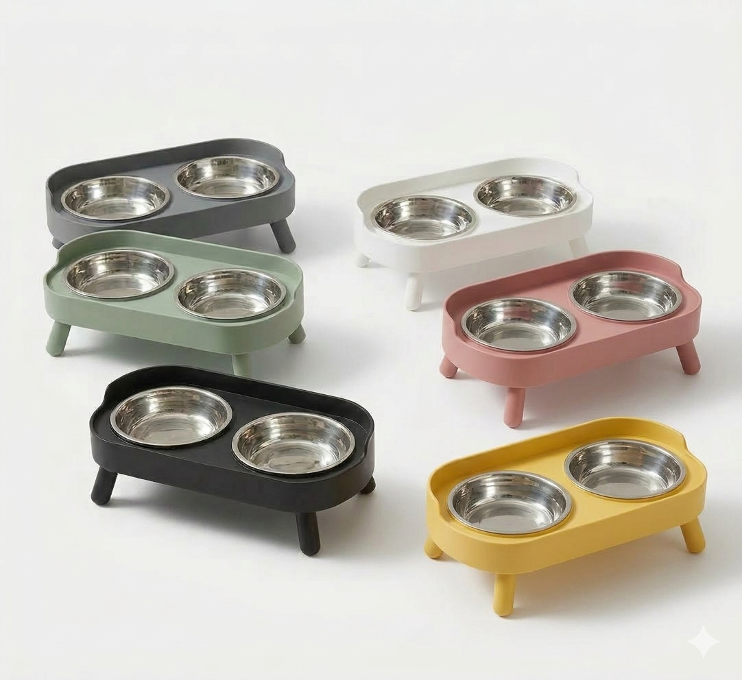 Modern Ergonomic Double Pet Bowl - Stainless Steel Elevated Feeding Station